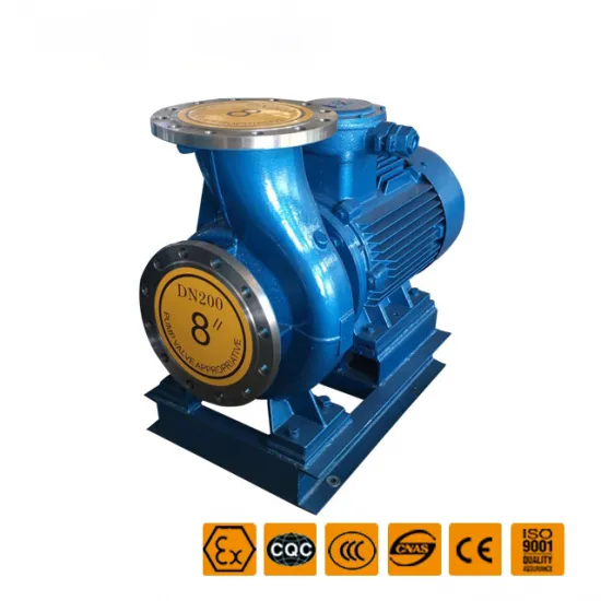 Blue ISW industrial water pump with yellow circular labels indicating specifications. Features safety and quality certification icons at the bottom, ensuring it’s perfect for clean water applications.