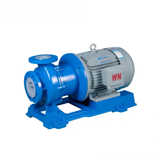 A blue industrial centrifugal pump featuring a gray motor is mounted on a blue base with a flanged connection for easy integration.